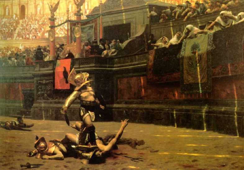 Our reverse interpretation of this custom apparently was the result of the work of the French artist Léon Gérôme who apparently understood the Latin verso (“turned”) to mean “turned down”, and therefore in his painting Pollice Verso (1873) he presents the death sentence with the thumbs-down gesture. The painting became so popular that Gérôme’s mistake became the accepted interpretation and it is unlikely that it will ever be changed back to the meaning that it had with the Romans.