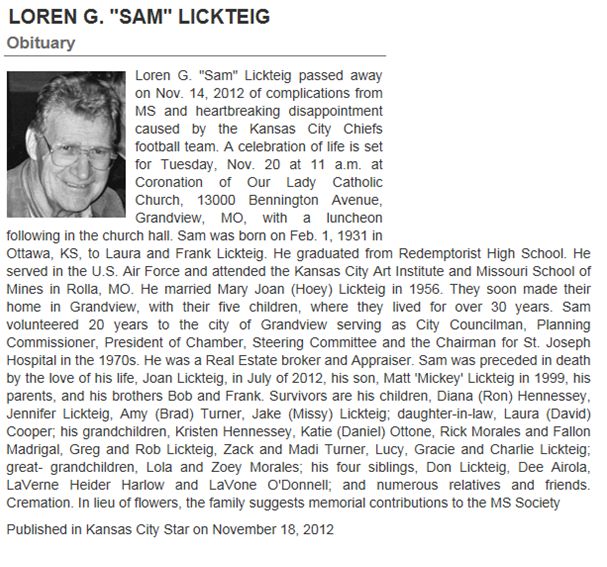 Loren G. "Sam" Licktieg death caused by the Kansas City Chiefs